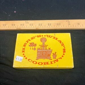 Vintage "Here's What's Cookin'" Recipe/Note Box - Yellow with Orange Graphic